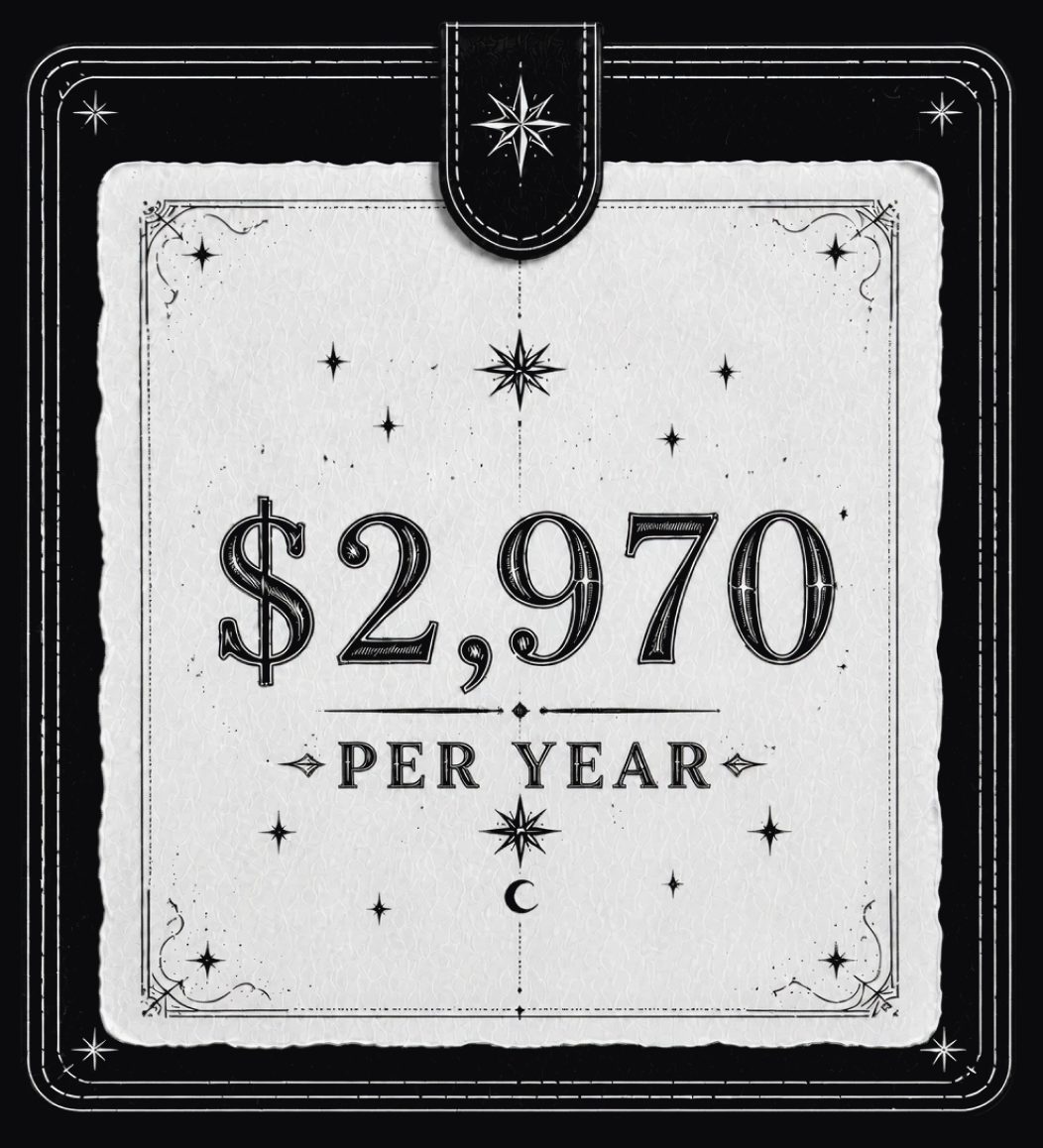 Ornate price tag reading $2,970 per year