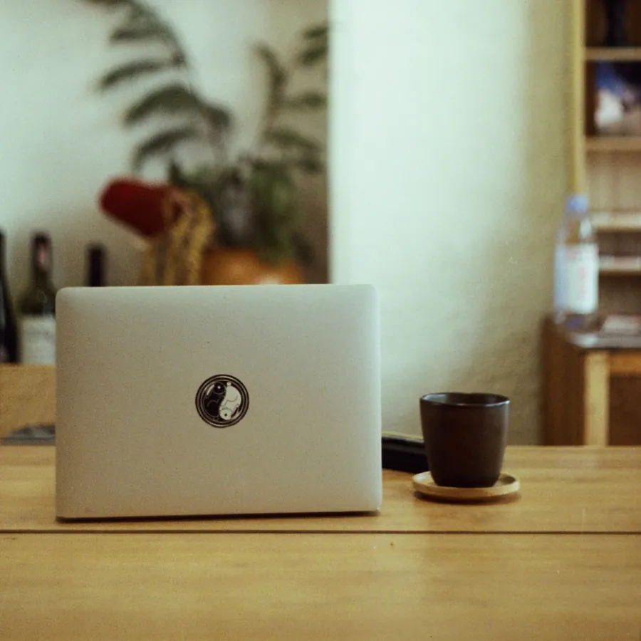 A laptop bearing the Collective's rabbit emblem on a café table